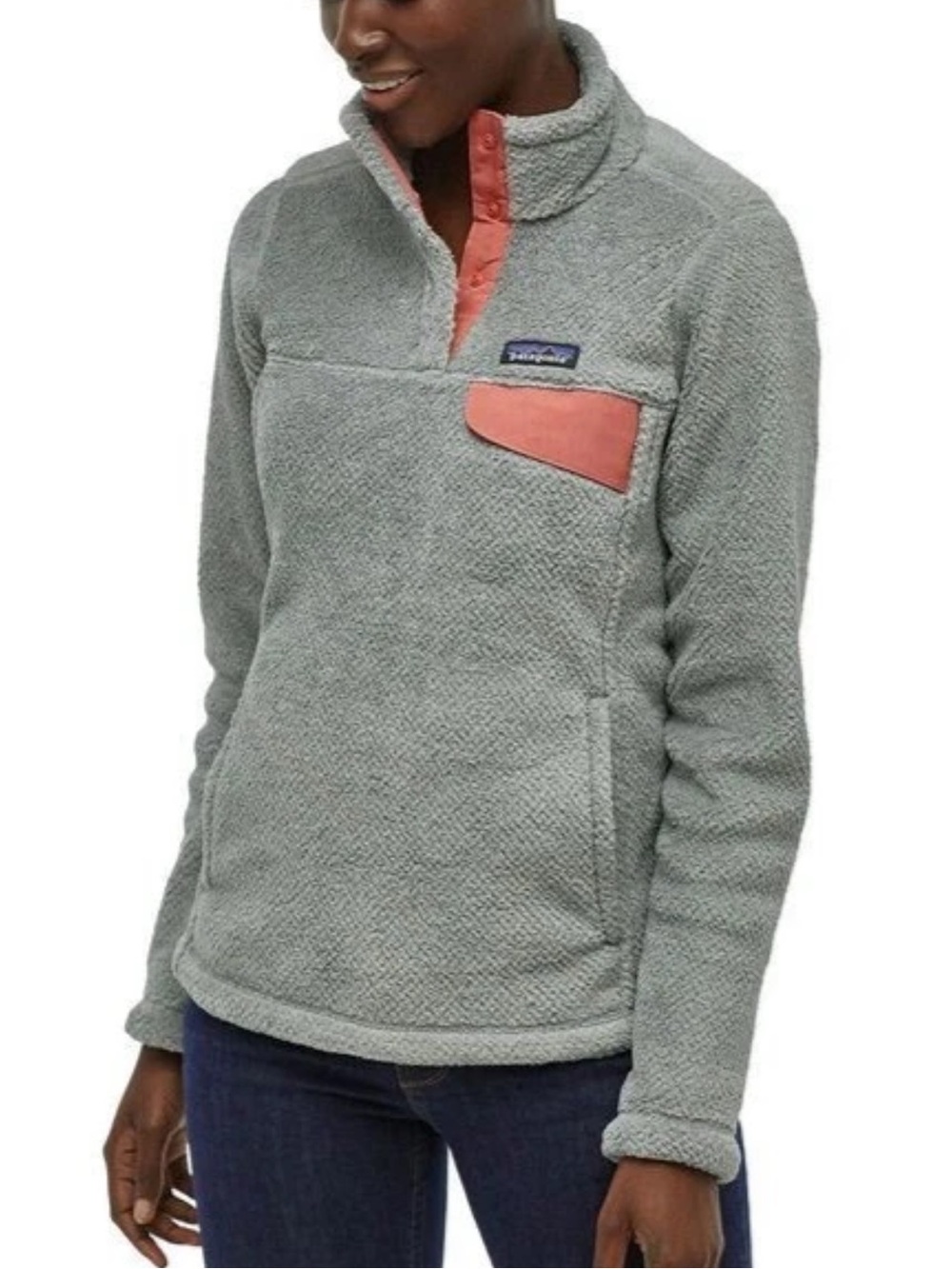 Patagonia women’s gray Re-Tool Fleece 1/4 Snap-T Pullover with Aurea Pink Trim